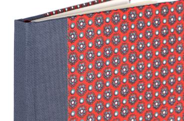 Diary red and brown, abstract floral pattern, linen spine light brown